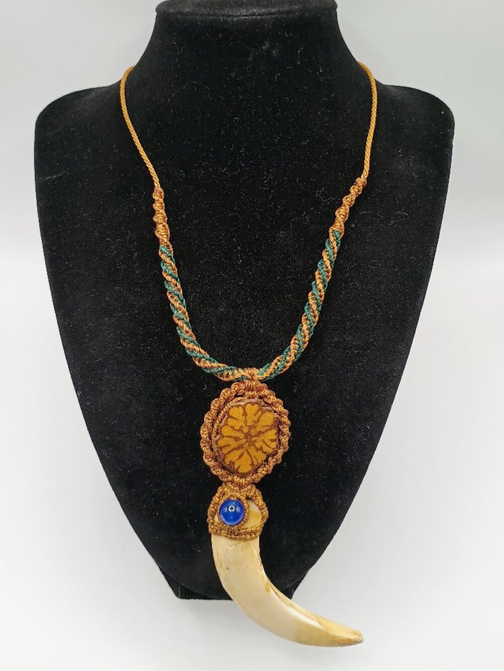 Handmade Macrame Necklace with Ayahuasca Flower and Sea Lion Tooth